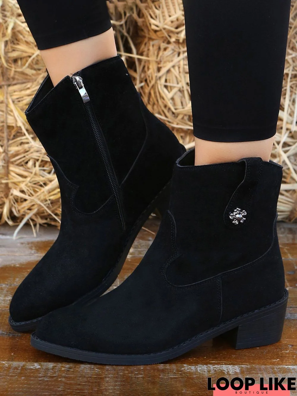 Stylish Patchwork Chunky Heel Pointed Toe Booties