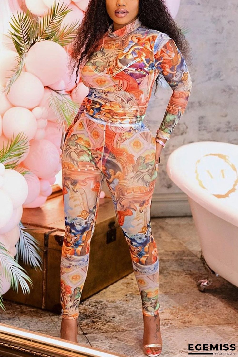 Multi-color Fashion Casual Adult Twilled Satin Print Patchwork Turtleneck Long Sleeve Regular Sleeve Regular Two Pieces | EGEMISS