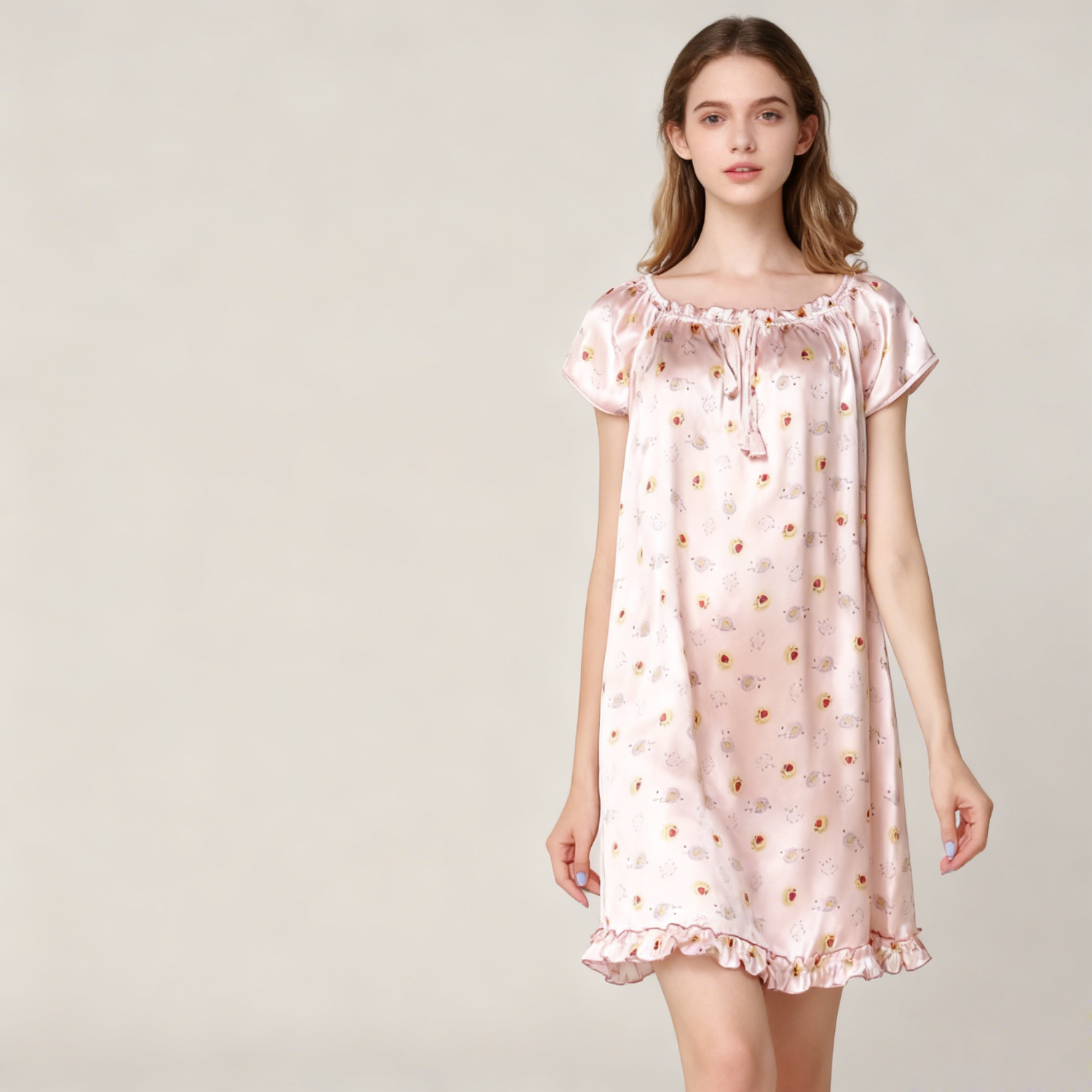 Silk Nightgown Women 100% Mulberry Silk Short Sleeve Floral Sleepwear Soft REAL SILK LIFE