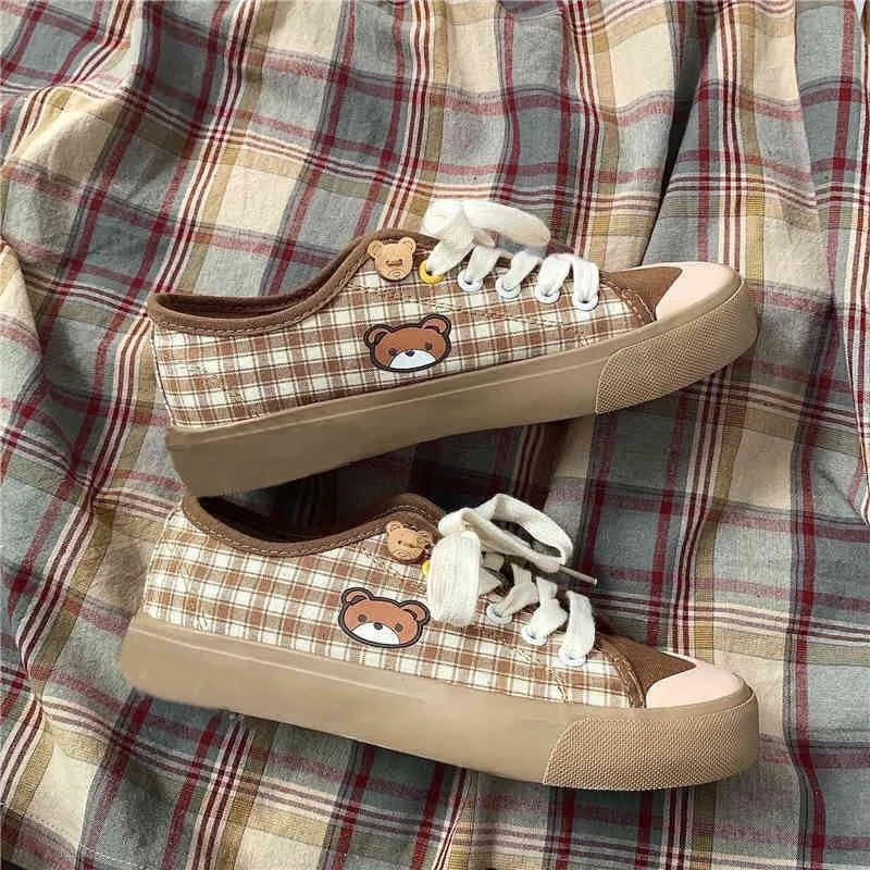 Kawaii Brown Flat Cute Bear plaid Shoes SP16681