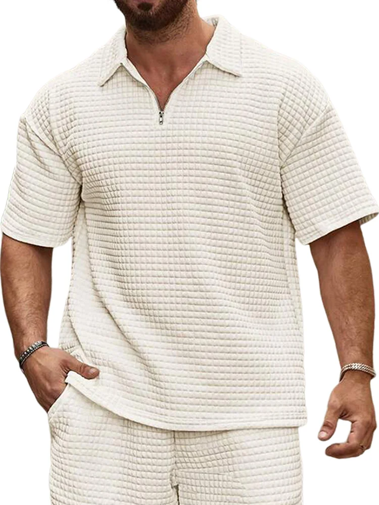 Men's summer jacquard small square solid color zipper casual short-sleeved POLO shirt