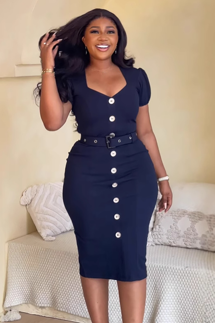 Irregular Neck Puff Sleeve Buttons Decor Bodycon Belted Midi Dresses-Navy