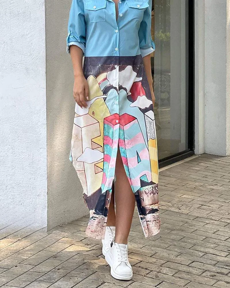 Lapel Long Sleeve Print Dress