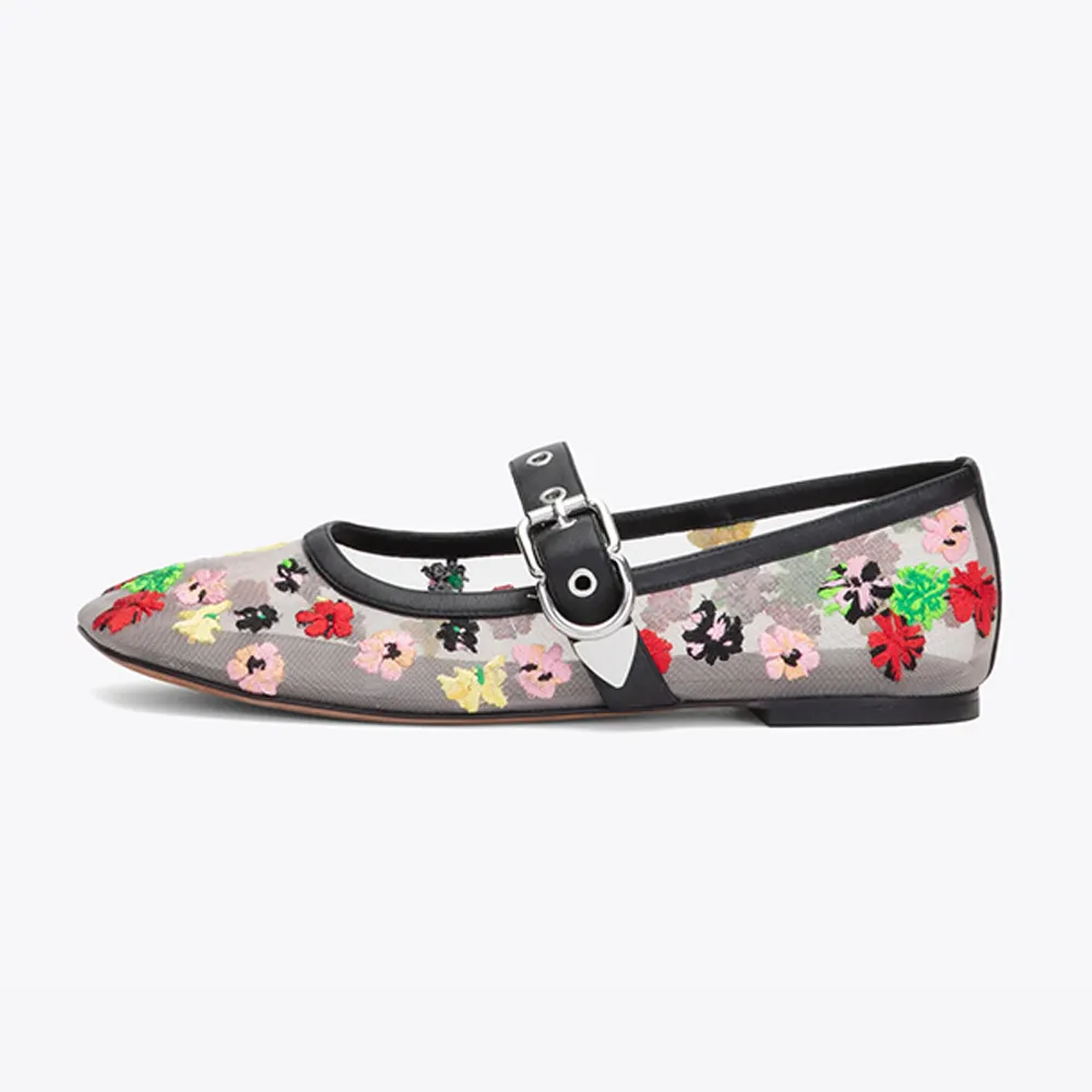 Breathable Mesh Closed Toe Beige Floral Mary Jane Flat Shoes for Women