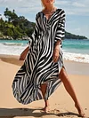 Loose V-Neck Zebra Striped Print Vacation Maxi Dress Cover-Ups Top