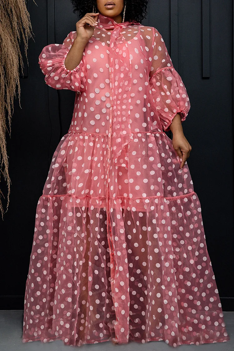 Plus Size Pink Formal Polka Dots Mesh Bow Neck Maxi Dresses(With Inside) [Pre-Order]