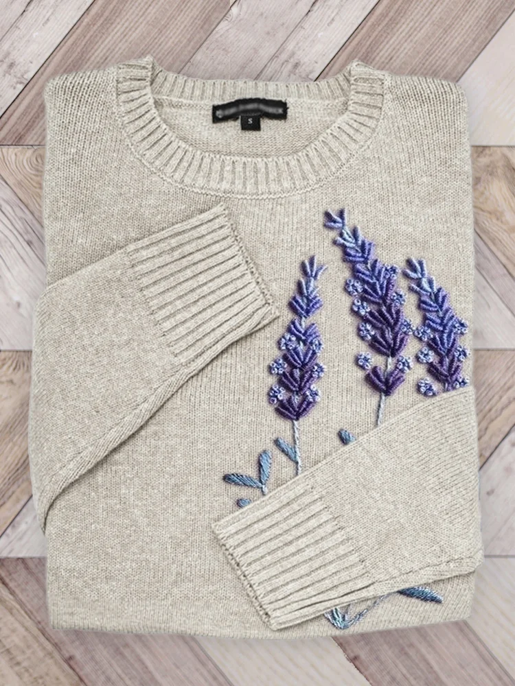 VChics Classy Lavender Embroidered Cozy Knit Sweater