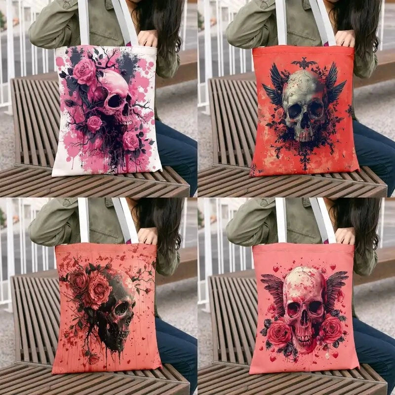 Halloween Women's Cotton Flower Skull Streetwear Square Open Shoulder Bag