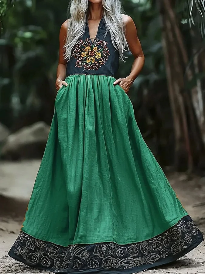 Women's Bohemian Vintage Casual V Neck Dress 