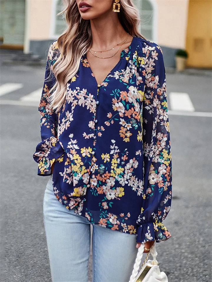 Hot Sale Long-sleeved Flared Sleeve Loose Type V Collar Shirt Female Fall Temperament Elegant Floral Blouse
