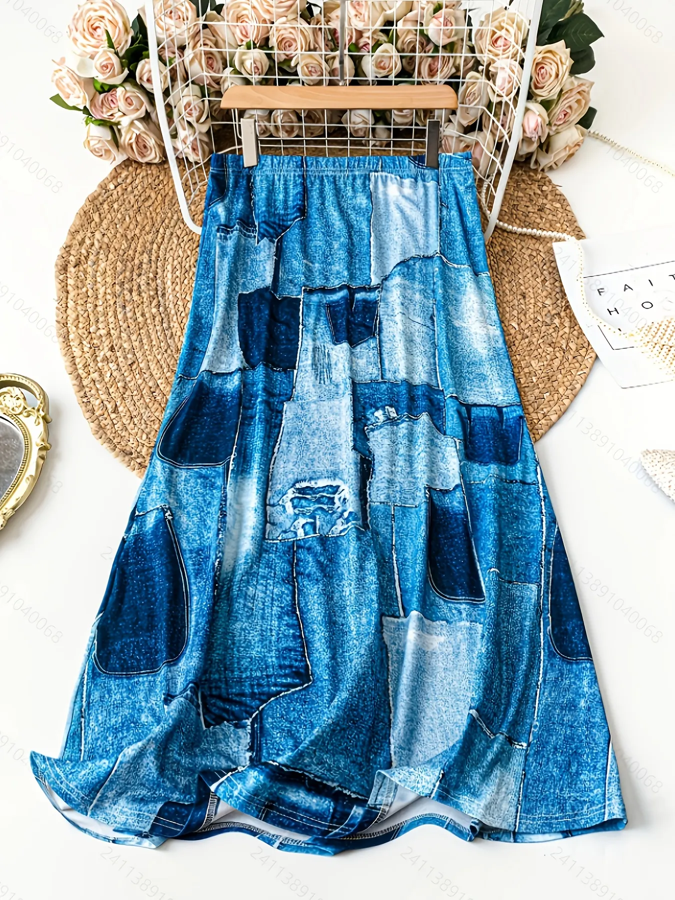 Plus Size Womens Casual Blue Denim Print Flared Skirt Lightweight Machine-Washable Random | IFYHOME
