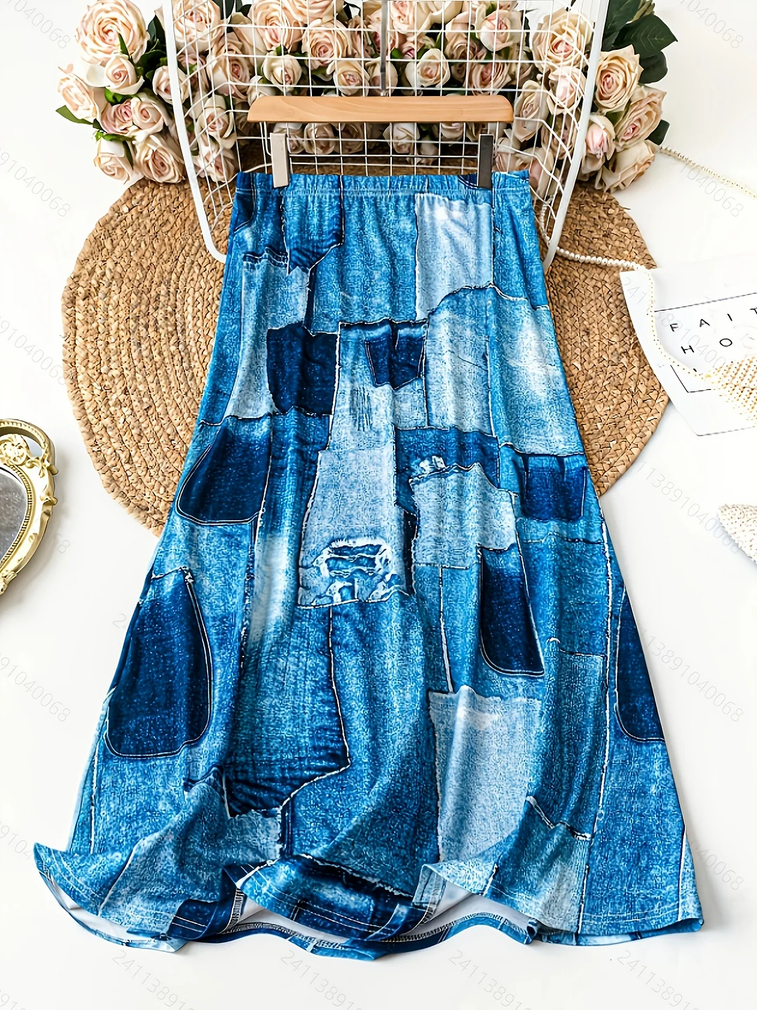 Plus Size, Women's Casual Blue Denim Print Flared Skirt - Lightweight Machine-Washable Random Pattern Spring/Summer Skirt For Casual Attire, Beach Outings & Picnics, Skirts For Vacation, Summer Outfit, Flowy Fabric | IFYHOME