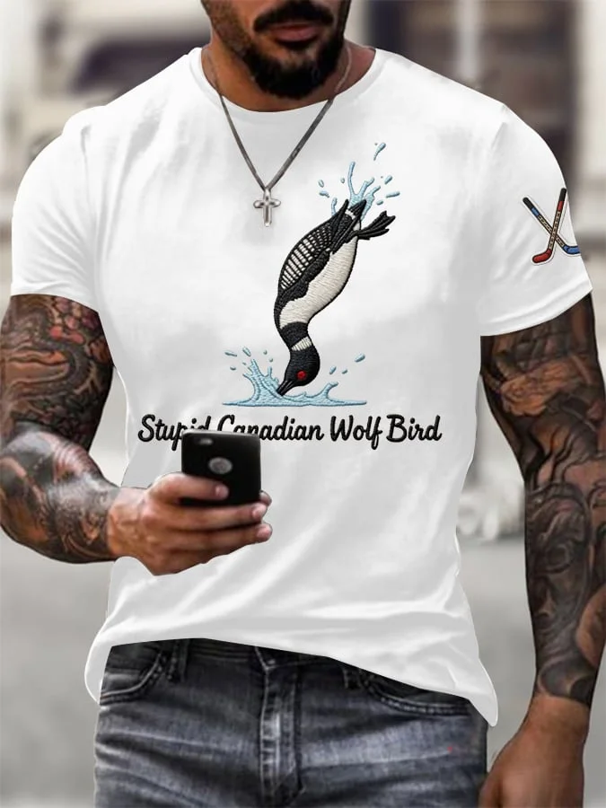 Men's Stupid Canadian Wolf Bird Print T-Shirt  socialshop