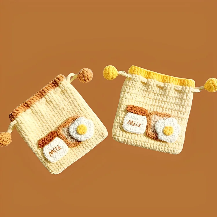 Lulusnow Handmade Milk and Egg Breakfast Small Money Pouch Crochet Mini Drawstring Bag