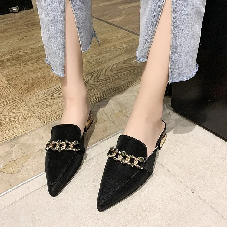 Qengg Women Mules Pointed Toe Low Heels Chain Fashion Office Ladies Fashion Pumps Sandals  Shoes Autumn PU Office Footwear oiu9drt