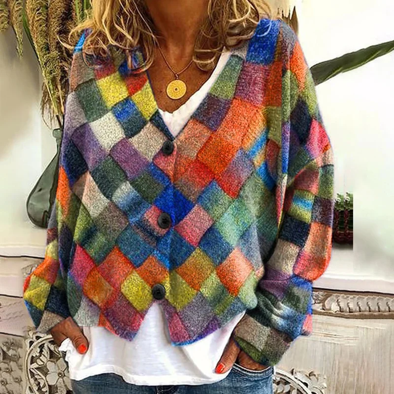 Vintage Geometric Print V-Neck Casual Knitted Cardigan