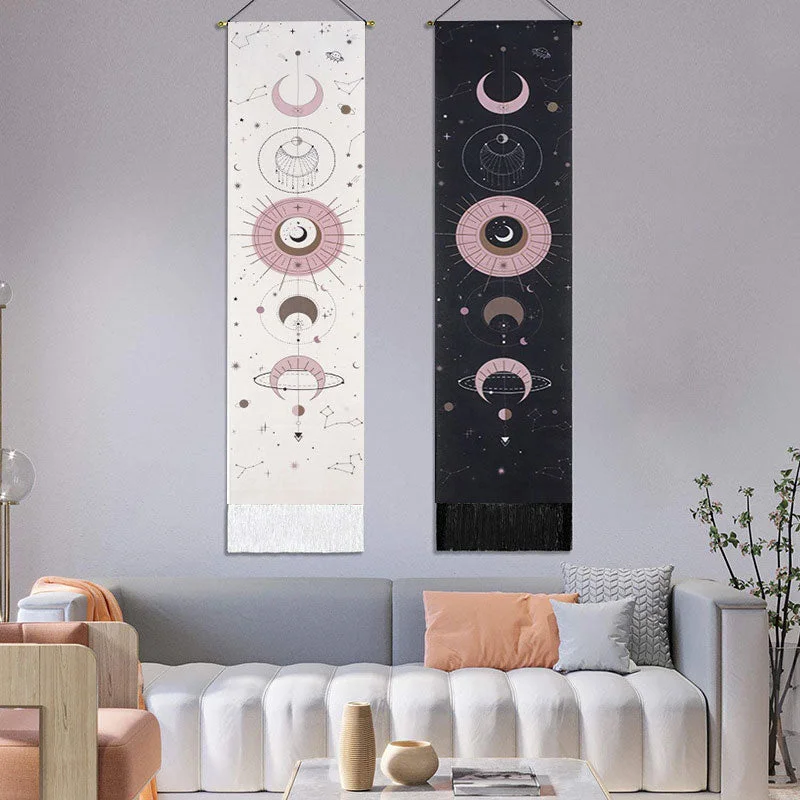 Home Sun Moon Scroll Drawing Decor Macrame Tassel Hand-Woven Wall Hanging Tapestry Tarot Bedroom Art Background Cloth Tapesry