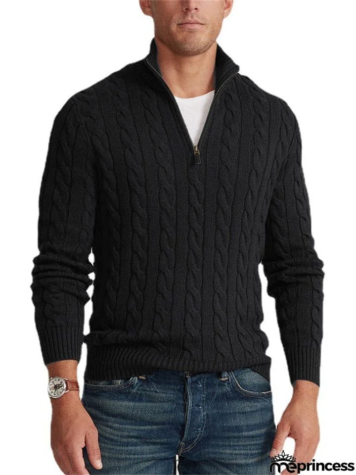 Men’s Simple Style Pure Cotton Long Sleeve Cable Knit Sweater