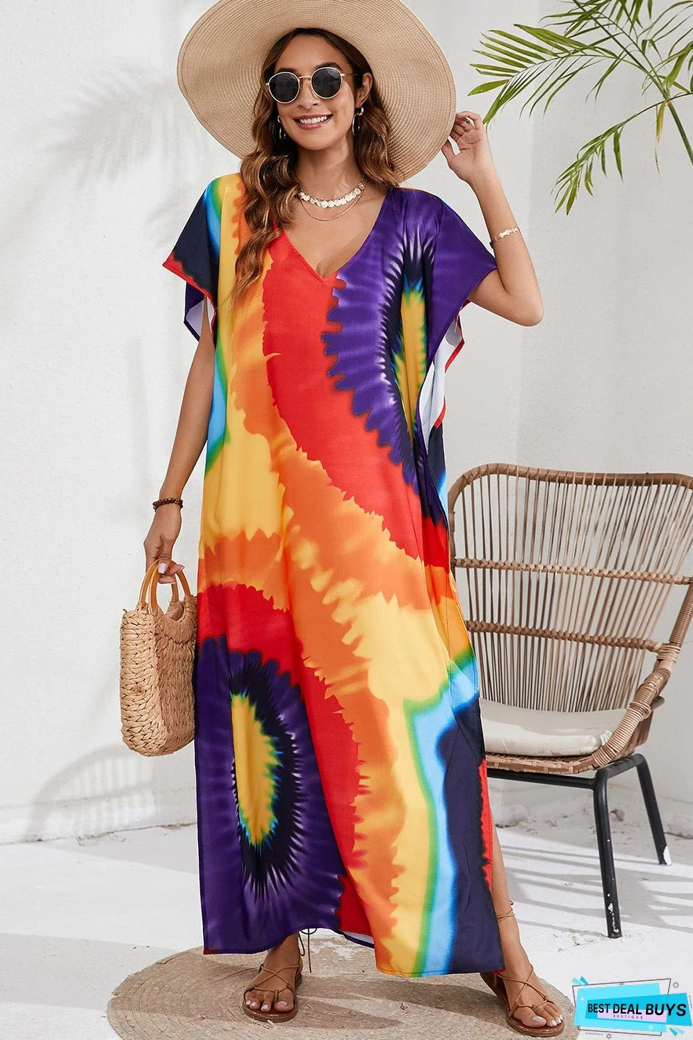 Slit Printed V-Neck Short Sleeve Cover Up