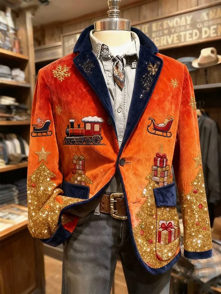 Men's Vintage Christmas Snowflake Christmas Tree Pinecone Casual Jacket 