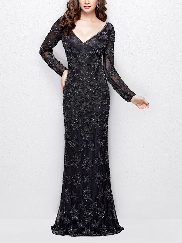 V Neck Long Sleeve Sequined Solid Maxi Dress