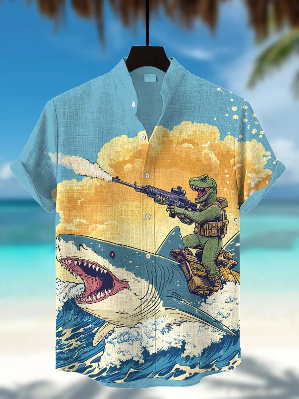 Men's Dinosaur Shark Gun Shooting Explosion Print Short Sleeve Shirt