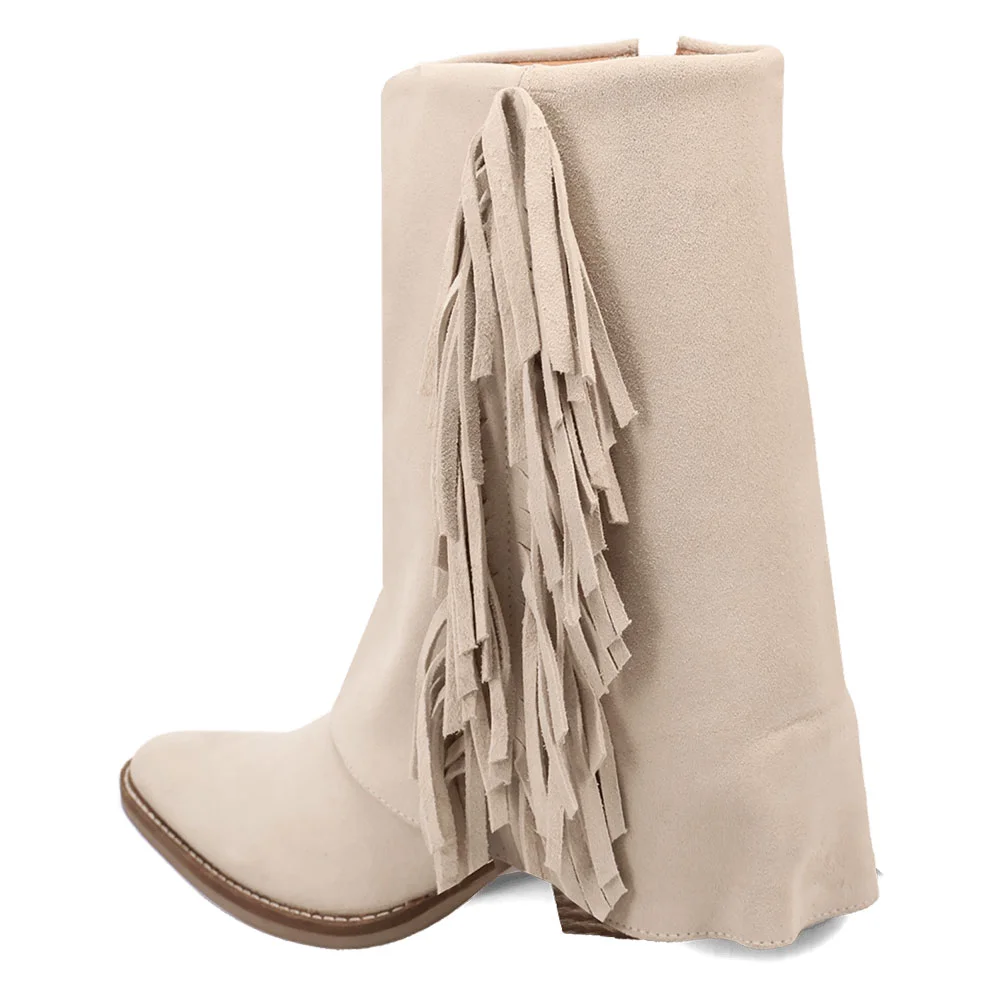 Beige Vegan Suede Chunky Heel Almond Toe Fold Over Fringe Booties