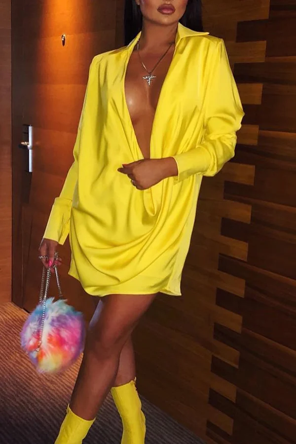 Yellow Fashion Sexy Cap Sleeve Long Sleeves Asymmetrical Collar Asymmetrical Mini asymmetrical Club Dresse | EGEMISS
