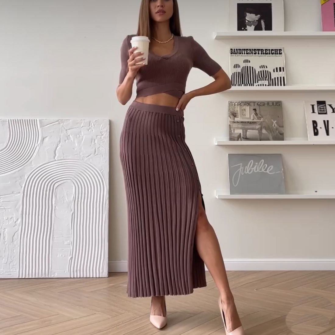 Ootddress Knit Summer White Two Piece Women Fashion Holiday Elegant Party Maxi Skirt Outfits High Split Knitwear Female Sets Skirt