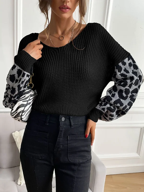 Split-Joint Leopard Puff Sleeves Loose V-Neck Sweater Tops