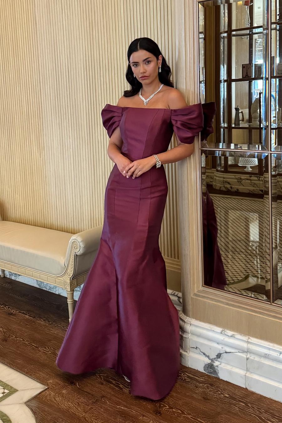 Lvs&Broner Off the Shoulder Bubble Sleeves Long Mermaid Prom Dress With Pleated
