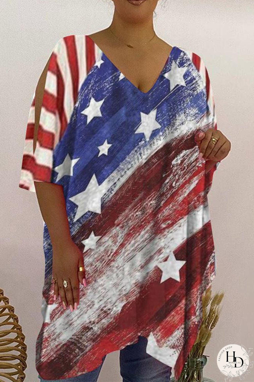 Rose Red Fashion Casual Print Hollowed Out V Neck Plus Size Tops