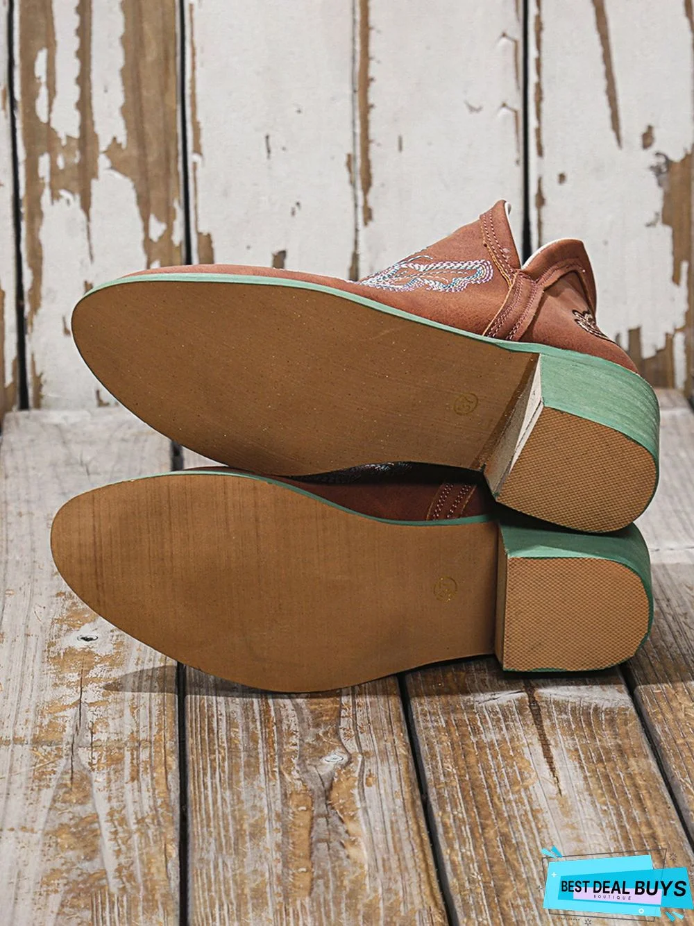 West Style Embroidered Detail Chunky Heeled Booties