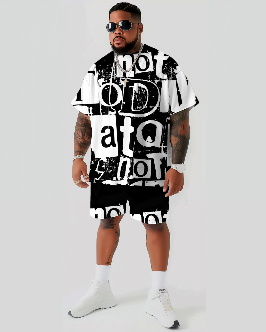 Letter Full Print T-Shirt Shorts Suit Men's Plus Size