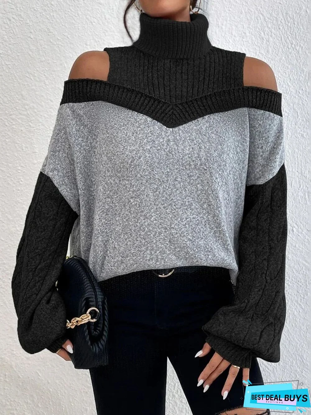 Casual Color Block Turtleneck Sweater tunic