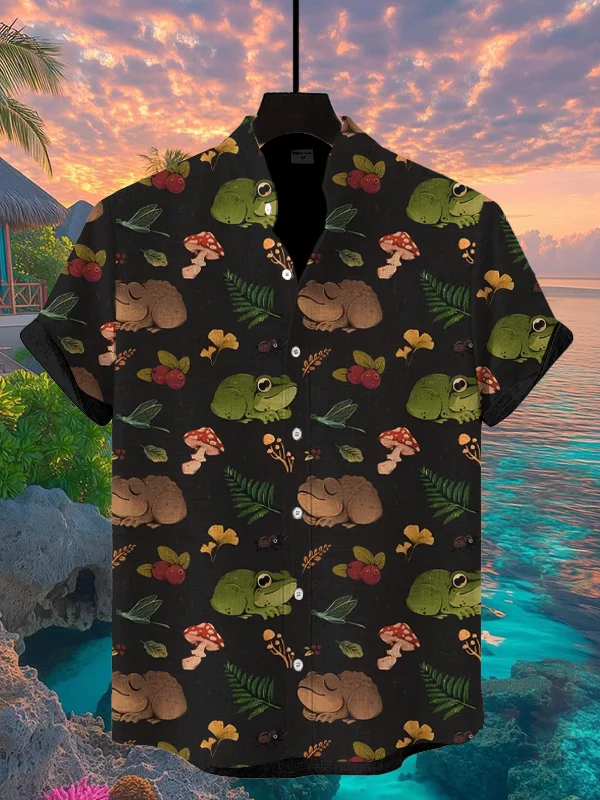 Men's Frog Mushroom Ginkgo Leaf Berry Print Short Sleeve Shirt