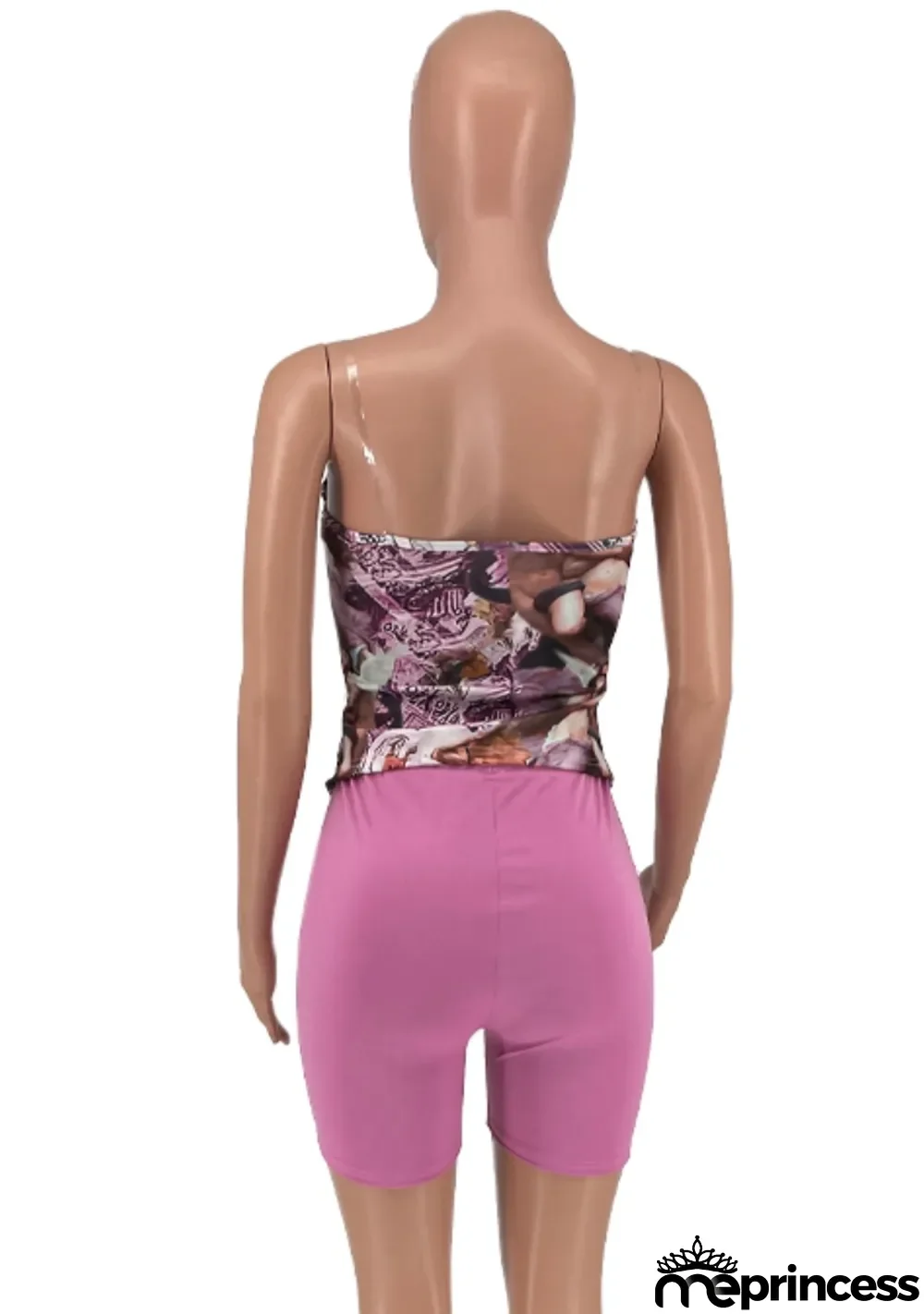 Summer Sexy Purlple Printed Fitted Strapless Top and Matching Shorts Set