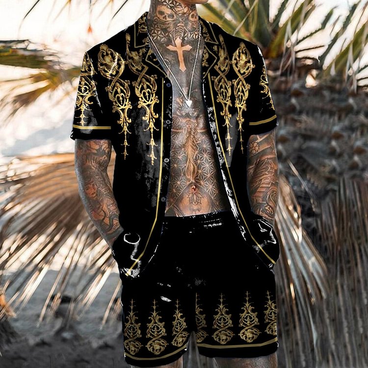 BrosWear Black And Gold Baroque Color Contrast Shirt And Short Co-Ord