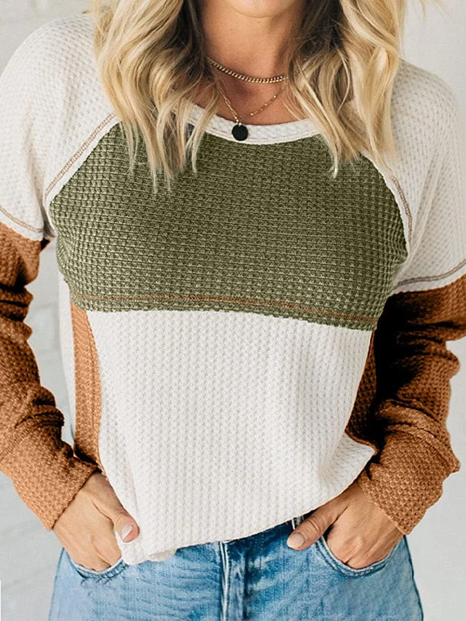 Women's Retro Waffle Colorblock Casual Crew Neck Top