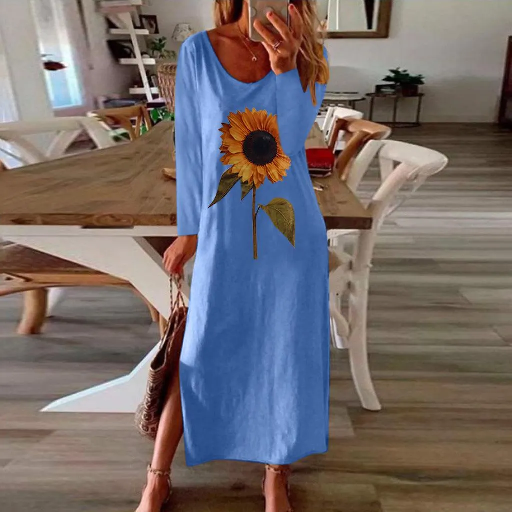 Sunflower 3D Print Split Summer Autumn Dress Women Elegant 2020 White Long Sleeve Plus Size Maxi Dresses for Women Vestidos