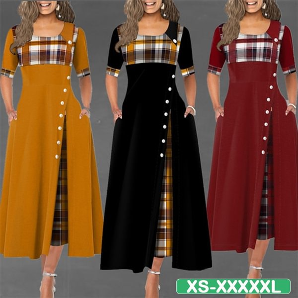 Trending Women's Fashion Half Sleeve Plaid Print Party Dress Button Detail Vintage Maxi Dress Plus Size Xs-5Xl - Chicaggo