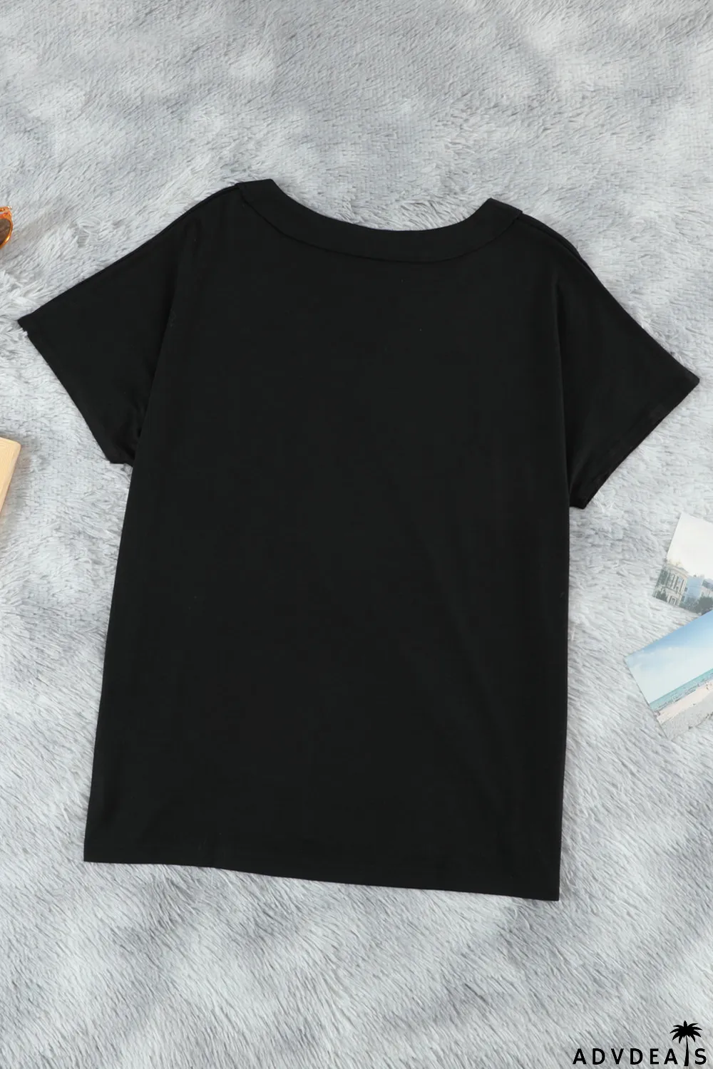 Black Oversized Mineral Wash Cotton Blend V Neck Short Sleeves Top