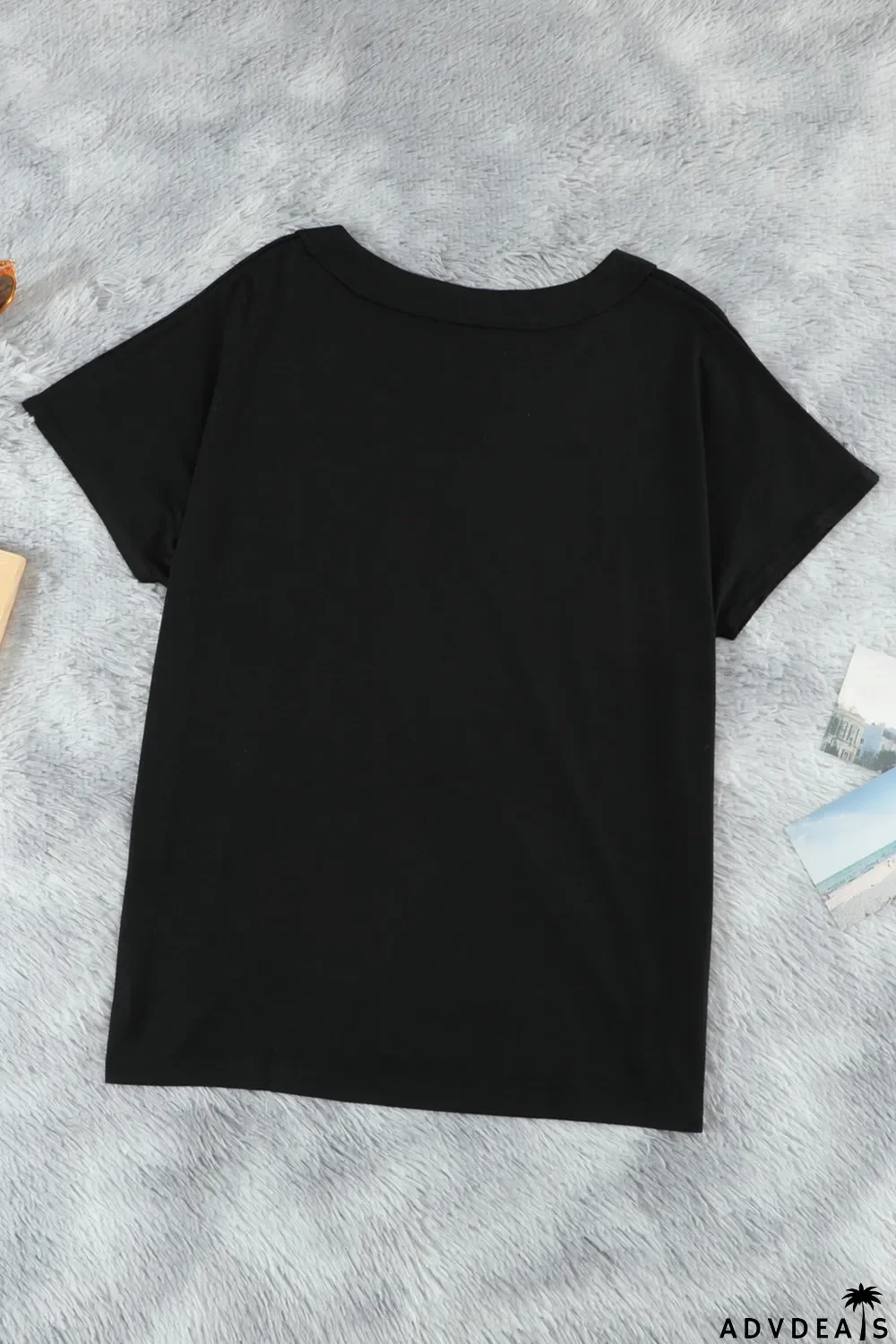 Black Oversized Mineral Wash Cotton Blend V Neck Short Sleeves Top