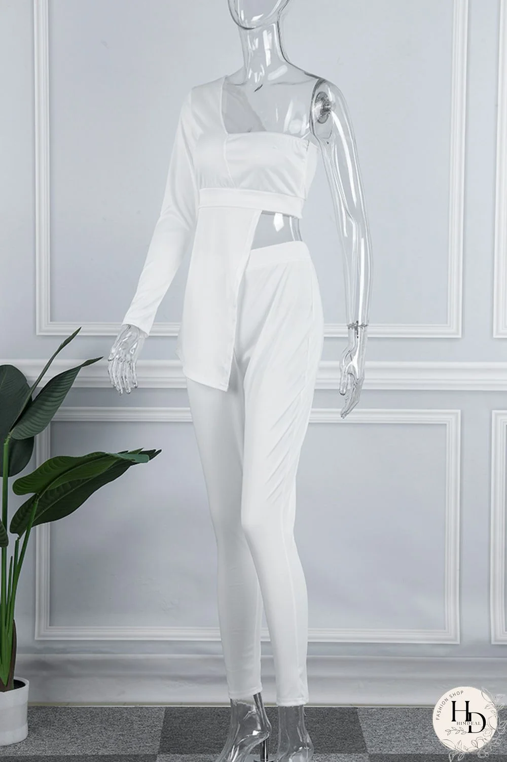 White Sexy Casual Solid Patchwork Backless Asymmetrical One Shoulder Long Sleeve Two Pieces