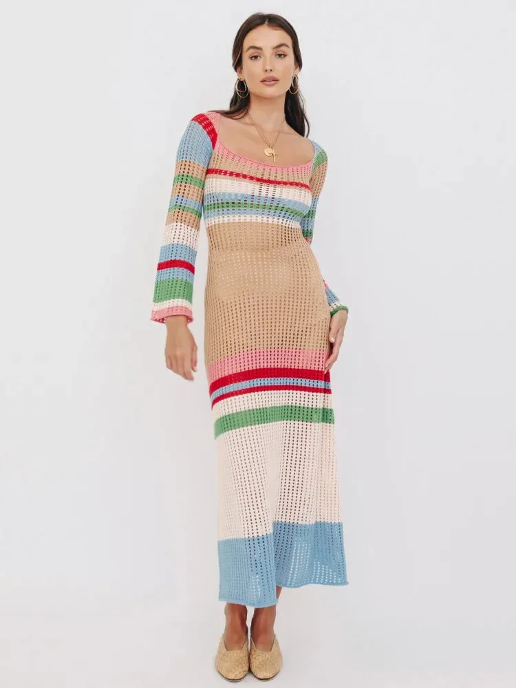 Nncharge Striped Hollow Out Knit Long Dress Women Summer Fall Long Sleeve Square Neck See Through Dress Y2K Bohemian Sexy Dresses