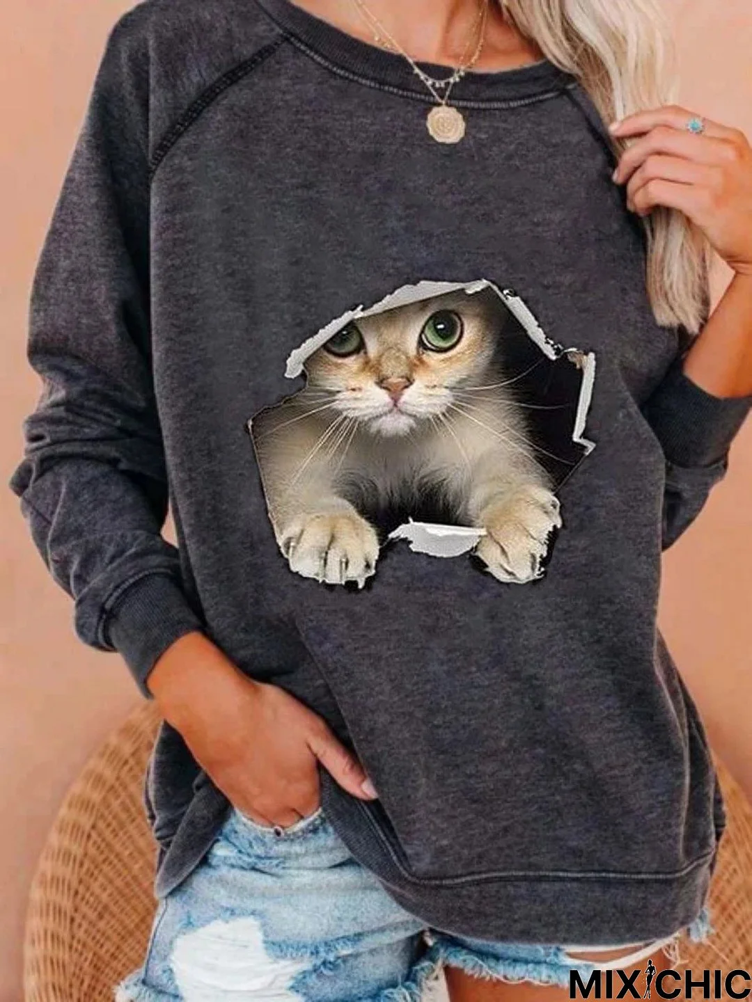 Casual Long Sleeve Round Neck Printed Top Tunic Sweatshirt