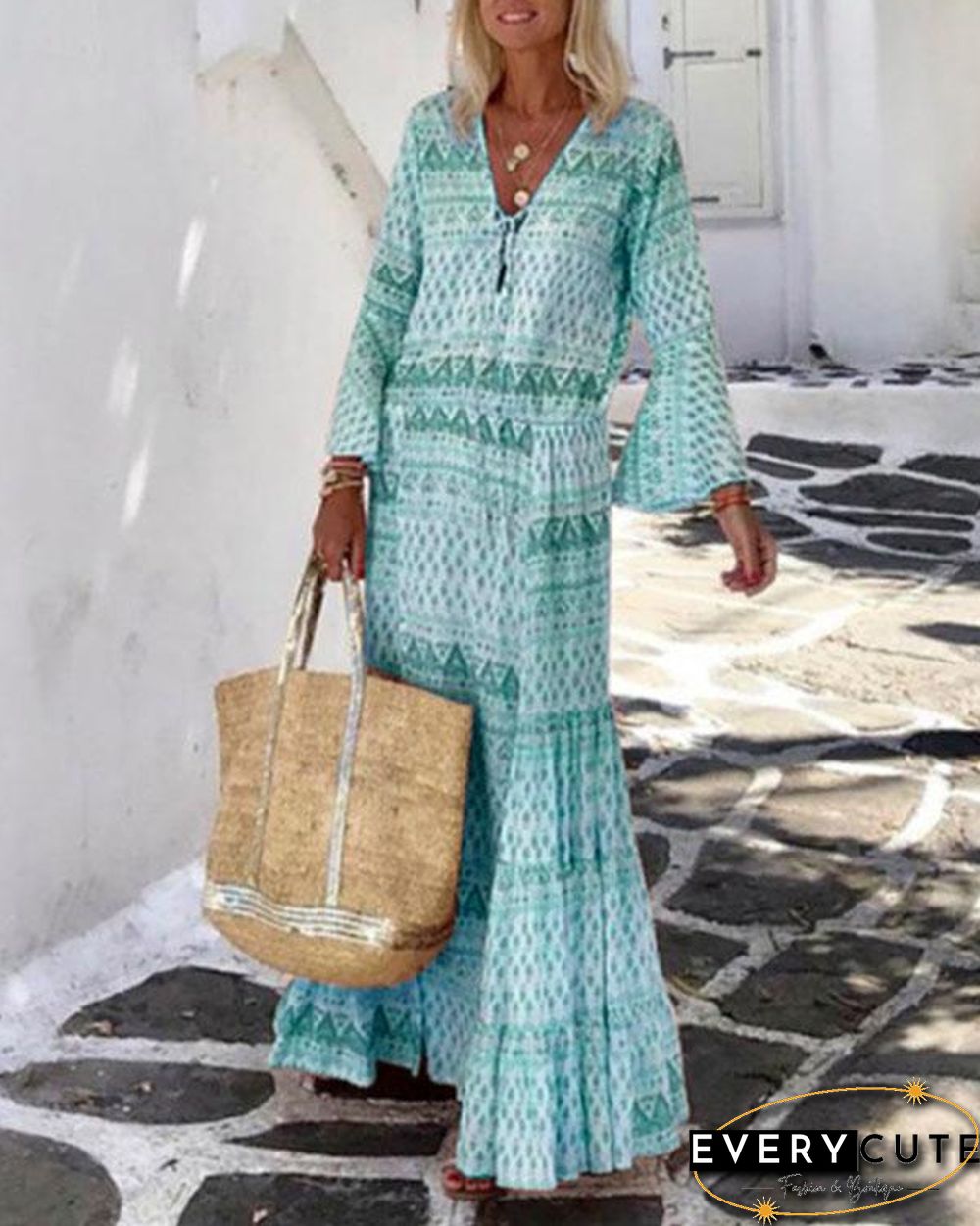 Bohemian Holiday Ruffle Printed Flare Sleeve Lace up Maxi Dress