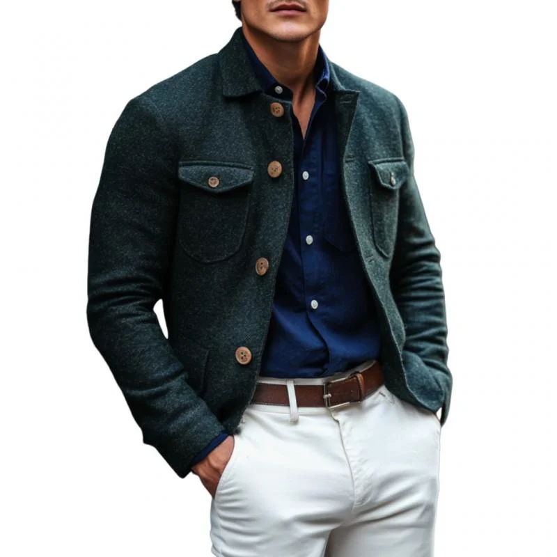 Men's Vintage Wool Blend Lapel Single Breasted Multi-Pocket Jacket