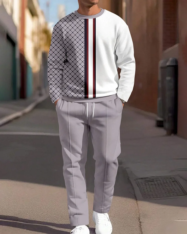 Men's Simple Colorblock Round Neck Casual Sports Set 0214