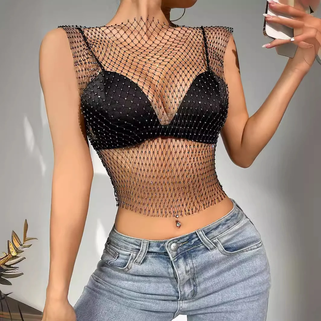 Uveng Uveng Nightclub Dresses Fishnet Hollow Out Rhinestone Vest Mesh Flash Diamond Sling Top Female